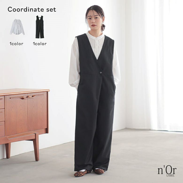 フリル襟付きブラウス×ツイルオールインワンコーデ2点SET