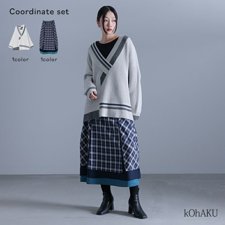 アシメ衿デザインニット×異素材切替コクーンチェックスカートコーデ2点SET