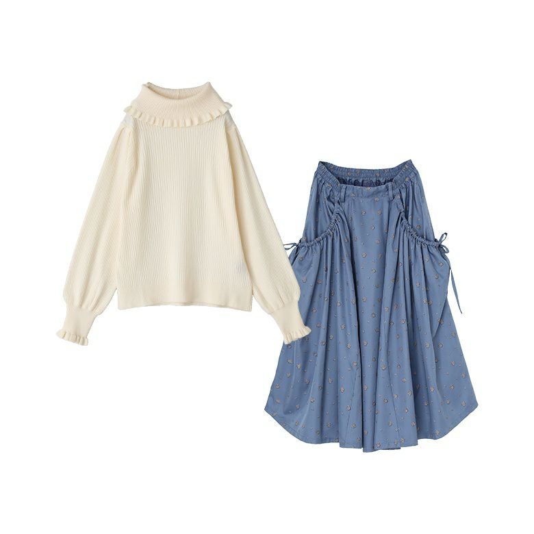 フリルタートルネックニットプルオーバー×花柄リボンシャーリング