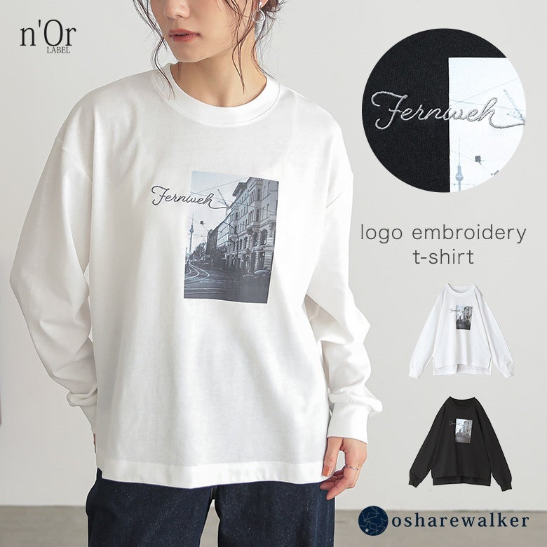 雰囲気を惹き立てるロゴ刺繍フォトTシャツ。雰囲気のあるフォトプリントに手書き風の立体ロゴ刺繍を重ね、デイリースタイルに大人のこなれ感と遊び心を添える優秀ロンTです。
