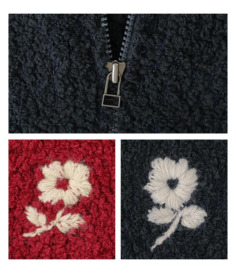 着脱がスムーズなフロントファスナー仕様と、立体感のあるフラワー手刺繍。手作業ならではのぬくもりある刺繍デザインが、シンプルなニット地に上品な質感を添えます。