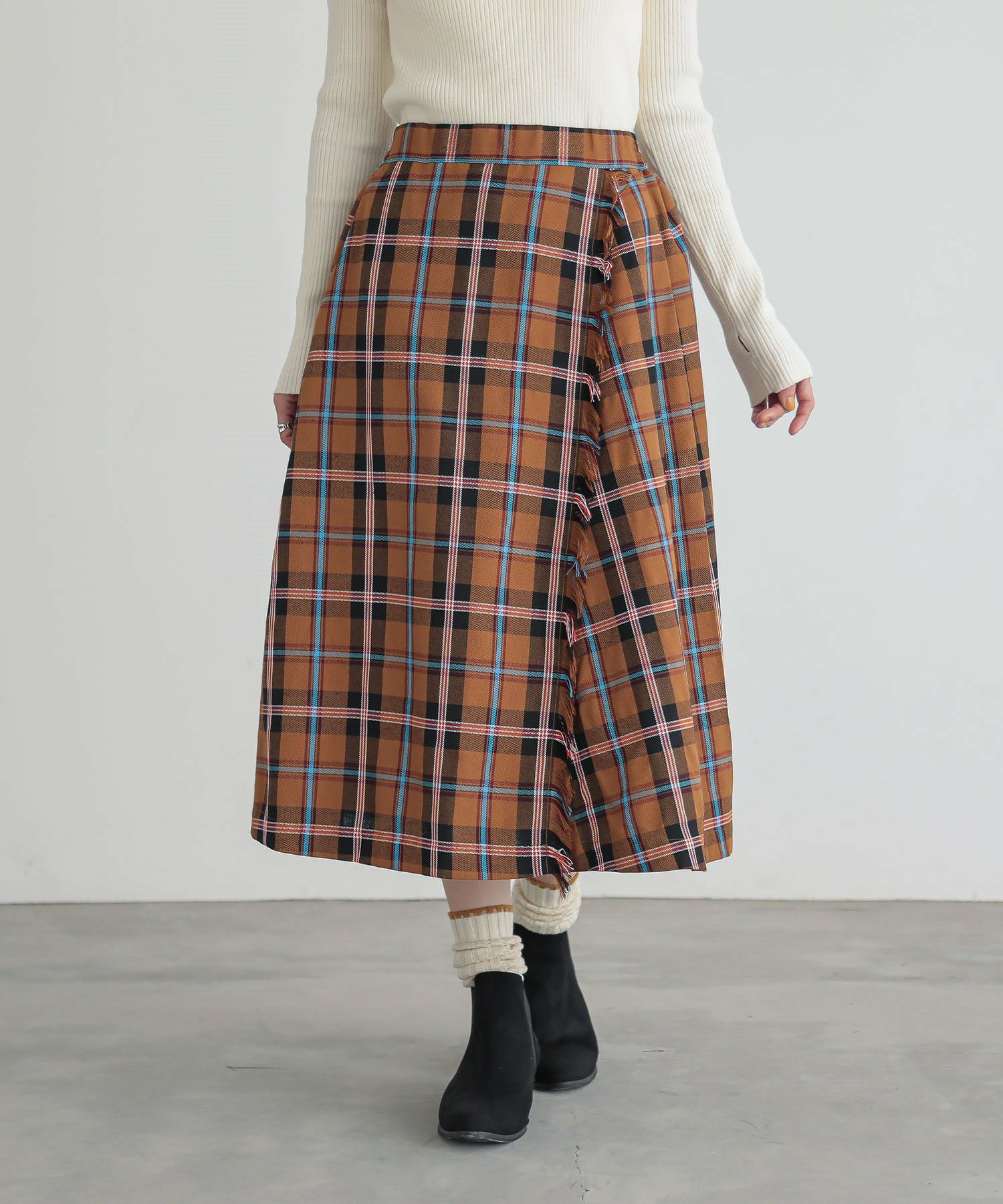 希少✨美品 PLEATS PLEASE 巻きスカート チェック柄 フリンジ L n'OrLABELフリンジチェックプリーツスカート』