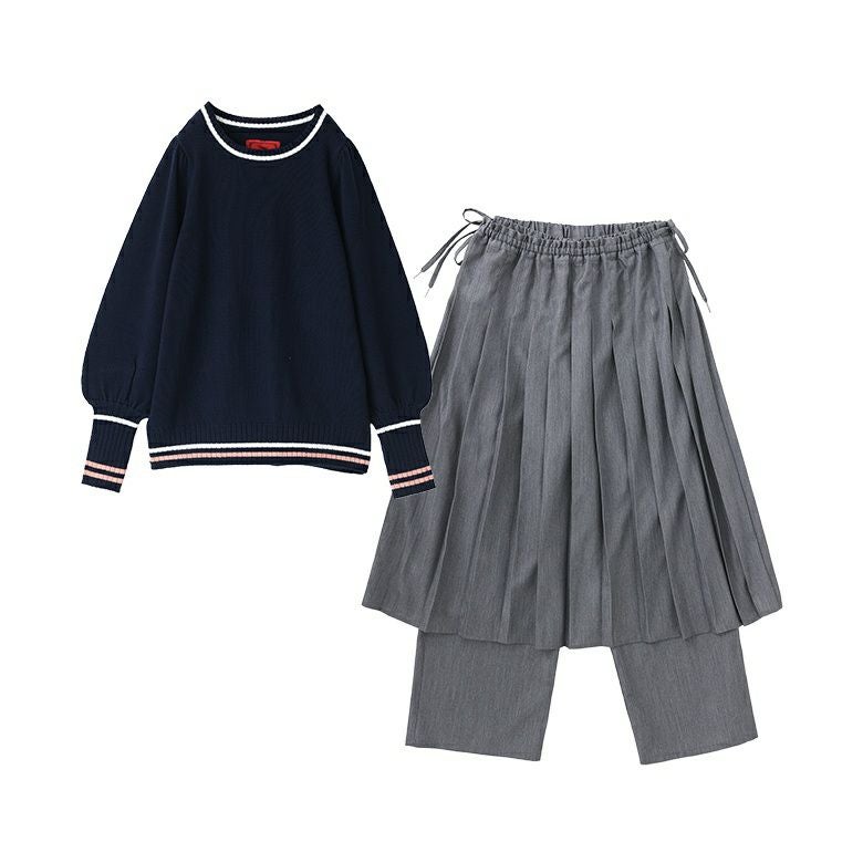 配色ラインパフスリーブニット×プリーツスカート×ストレートパンツ