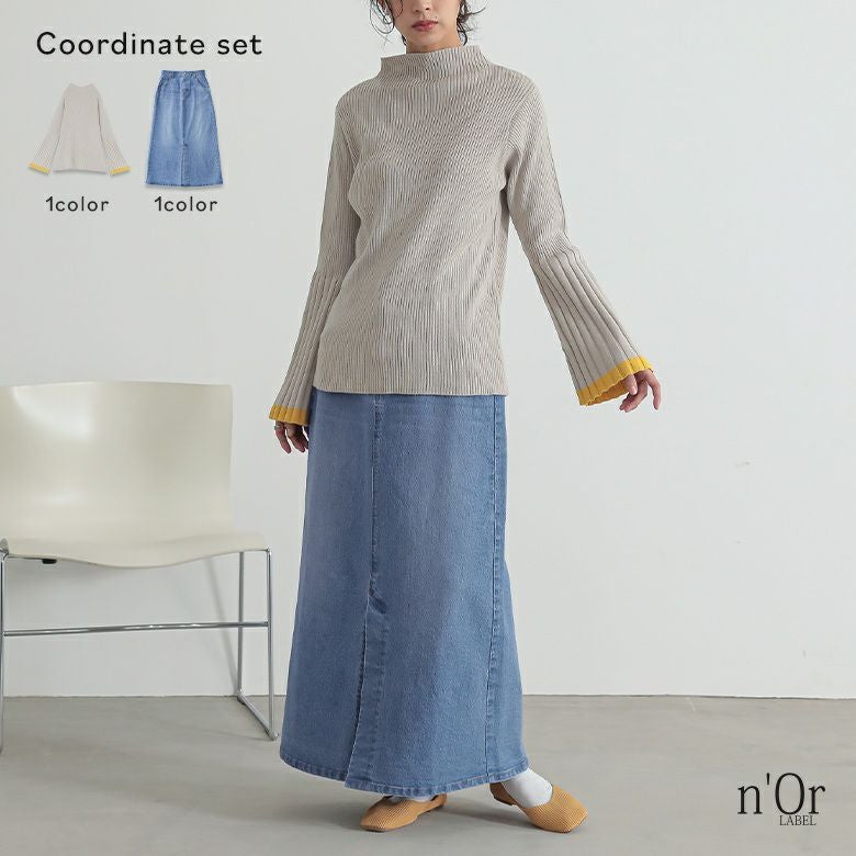 フレアスリーブニット×デニムナロースカートコーデ2点SET
