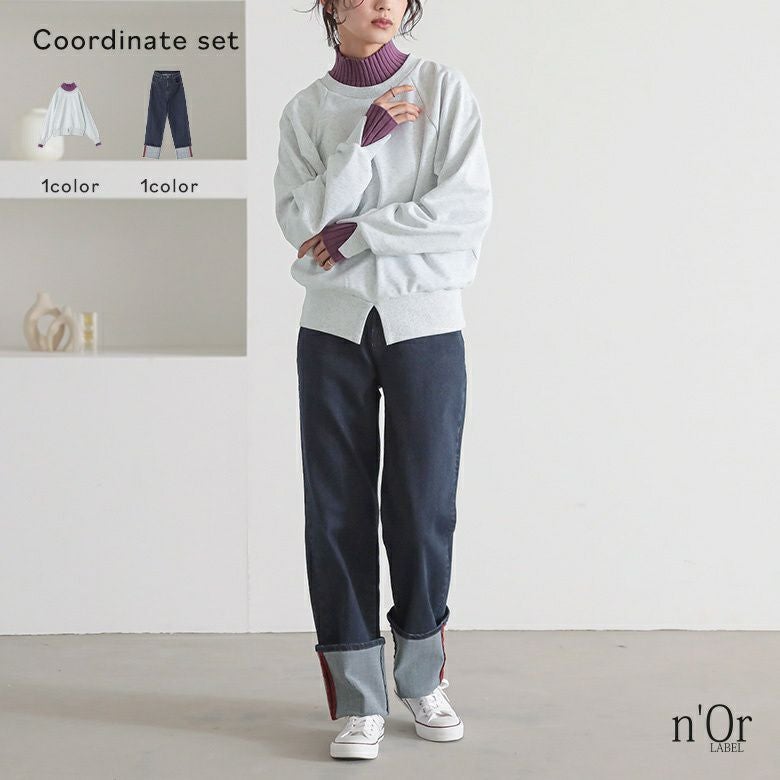 フェイクレイヤードデザインスウェット×ロールアップストレートデニムパンツコーデ2点SET