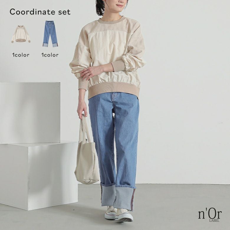 異素材切り替えプルオーバー×ロールアップストレートデニムパンツコーデ2点SET
