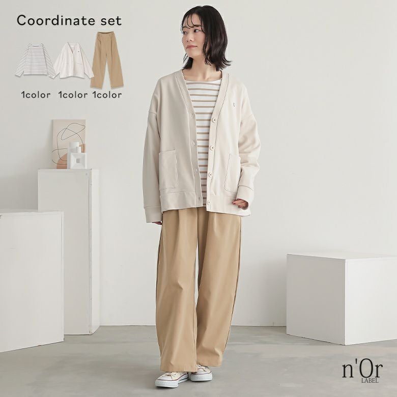 サイドタックパンツ×ボーダーバスクロンT×スウェットロゴカーディガンコーデ3点SET