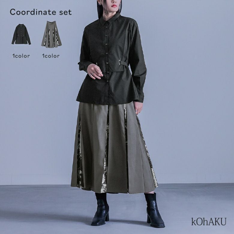 ブザムシャツ×箔プリント切替フレアスカートコーデ2点SET