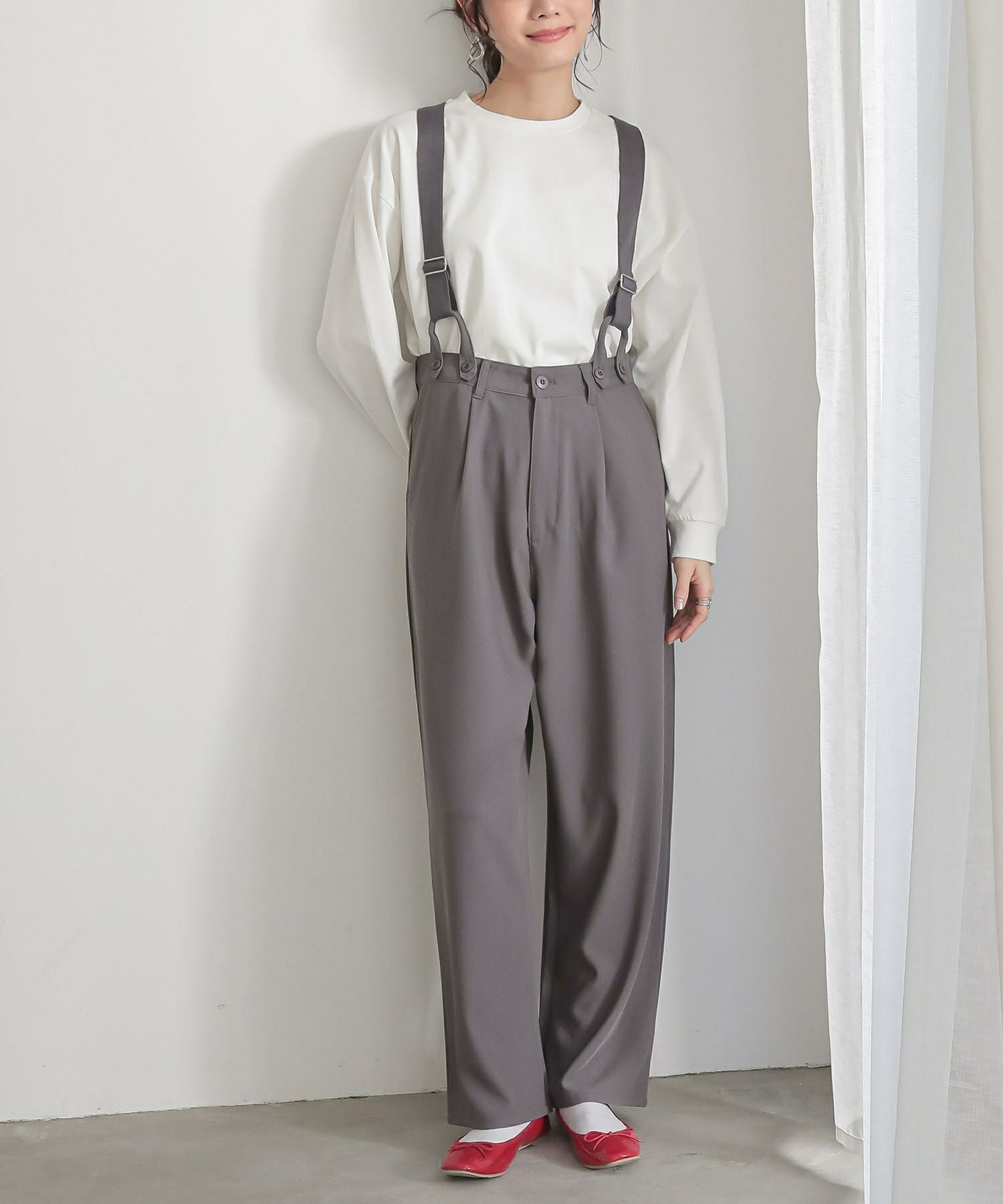 n'OrLABELサスペンダー付きツイルハイウエストパンツ』