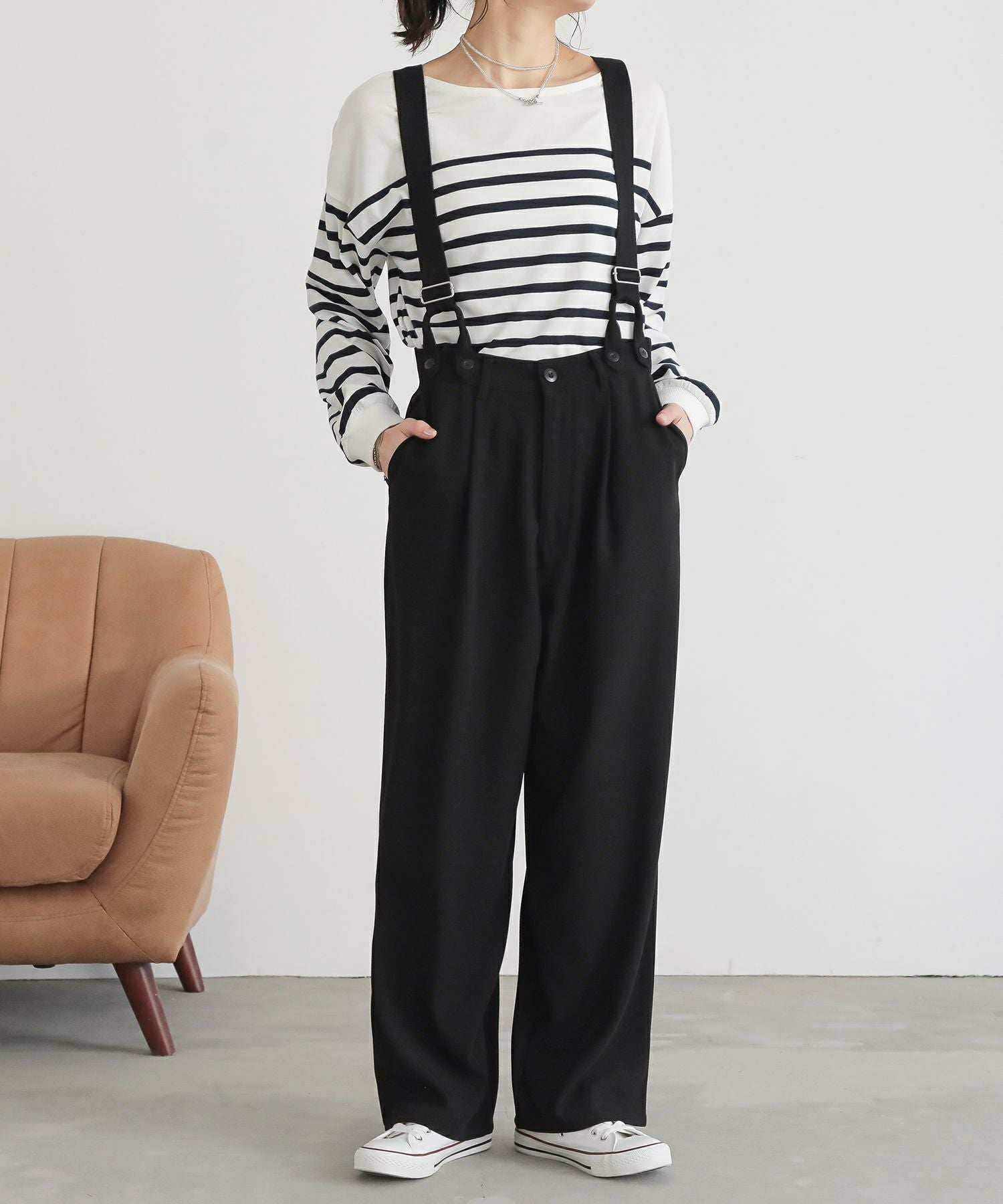 n'OrLABELサスペンダー付きツイルハイウエストパンツ』