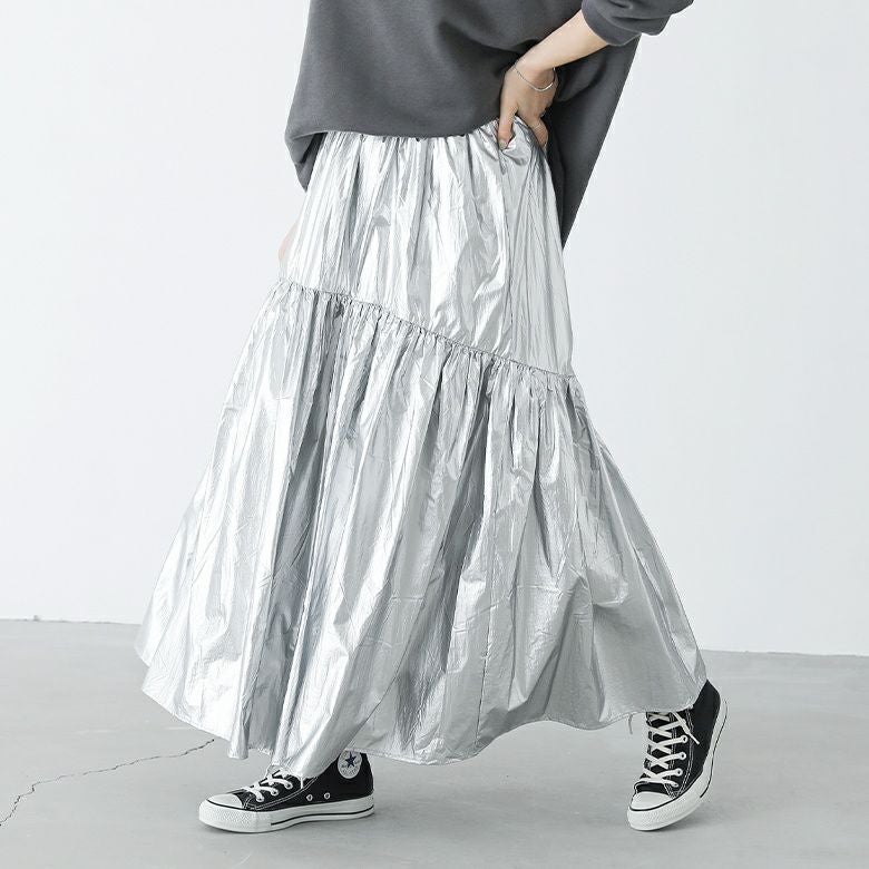 メタリックギャザーフレアスカート