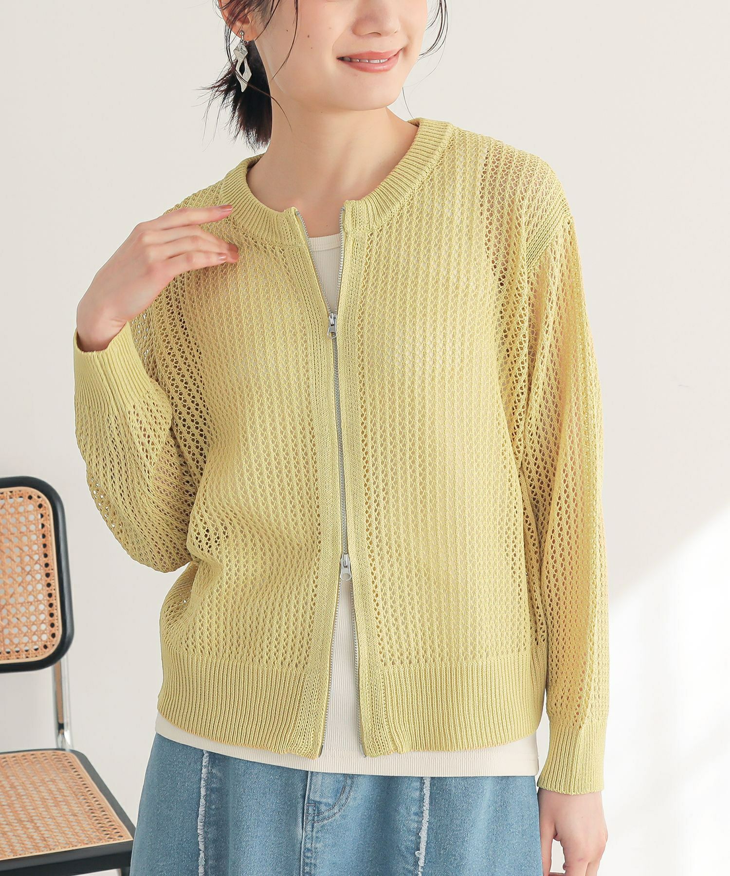 n'OrLABELダブルジップ透かし編みニットカーディガン』