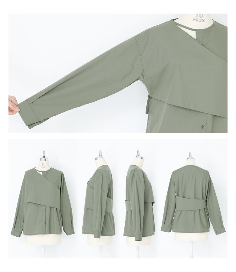 全方位隙のないカシュクールデザインシャツ。フロントのカシュクール切替や背中を包み込む帯状パーツが、360度どこから見ても立体感のある美しいフォルムを完成させます。