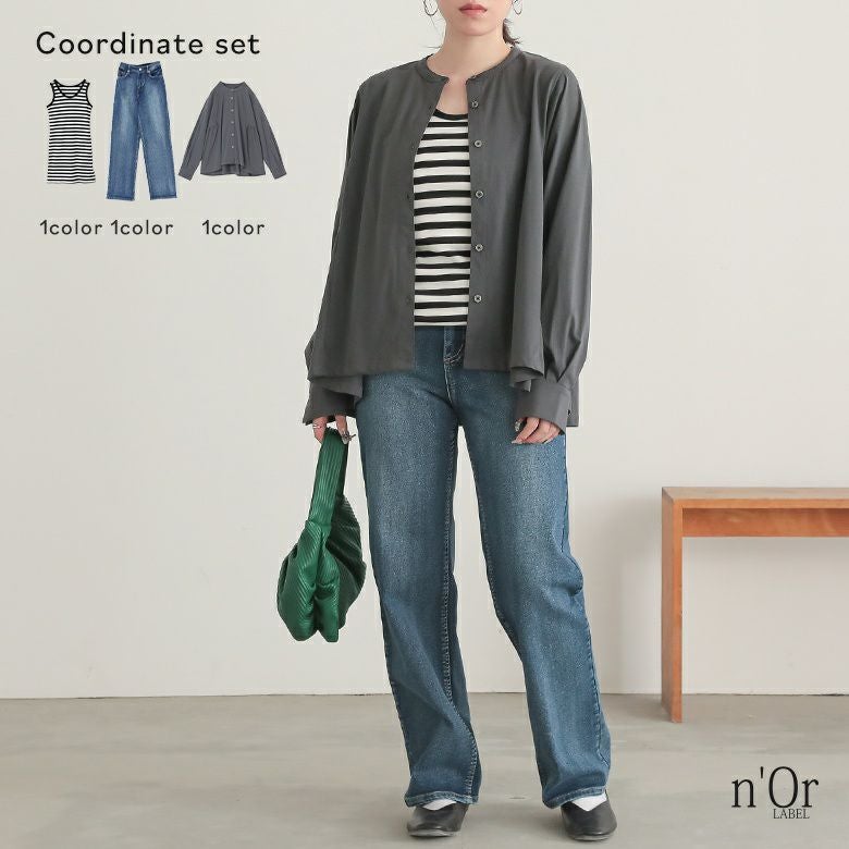 接触冷感ギャザーカットソーブラウス×レディースロングタンク×お腹すっきりデニムパンツコーデ3点SET