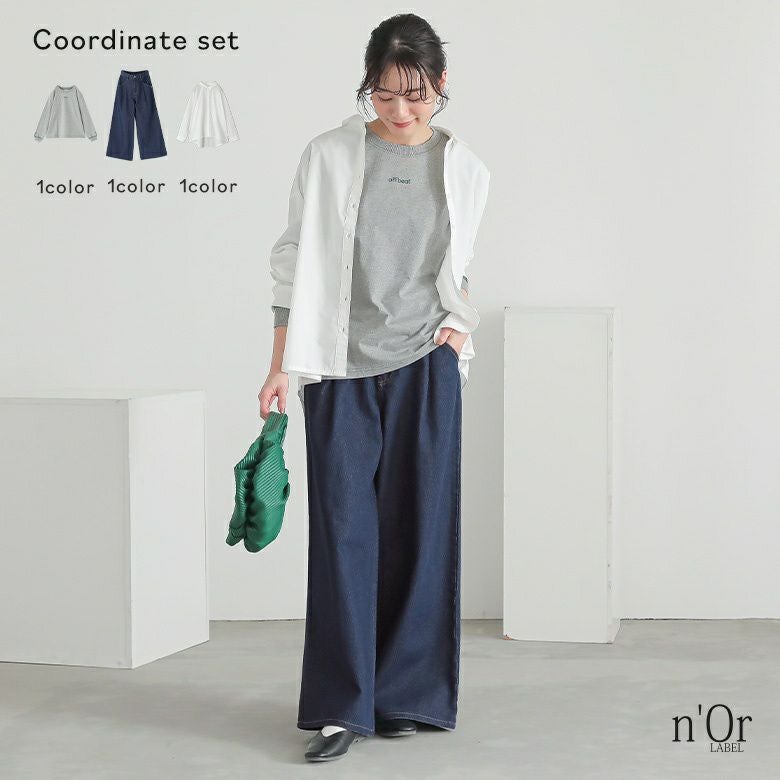 配色ステッチロゴ刺繍ロンT×タックデニムパンツ×バックボタンスリットシャツコーデ3点SET