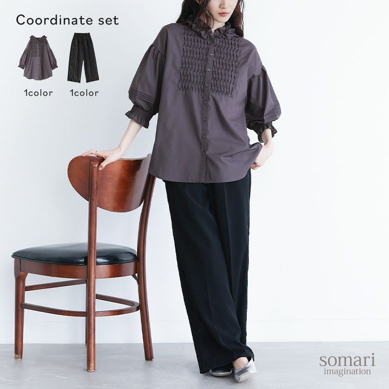 フリルフードブラウス×脇レースパンツコーデ2点SET