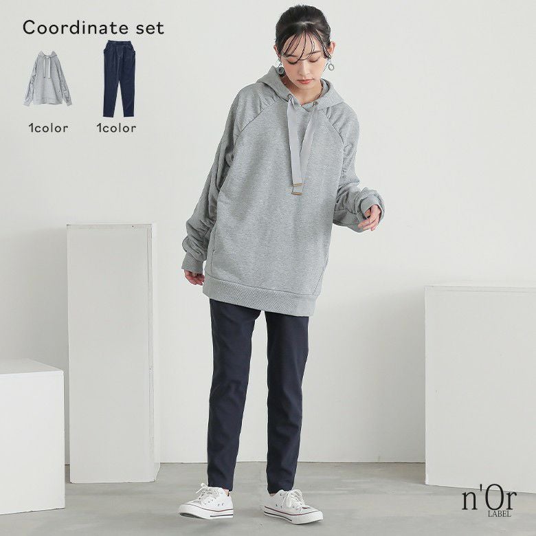 袖ギャザーフードスウェット×テーパードレギパンコーデ2点SET