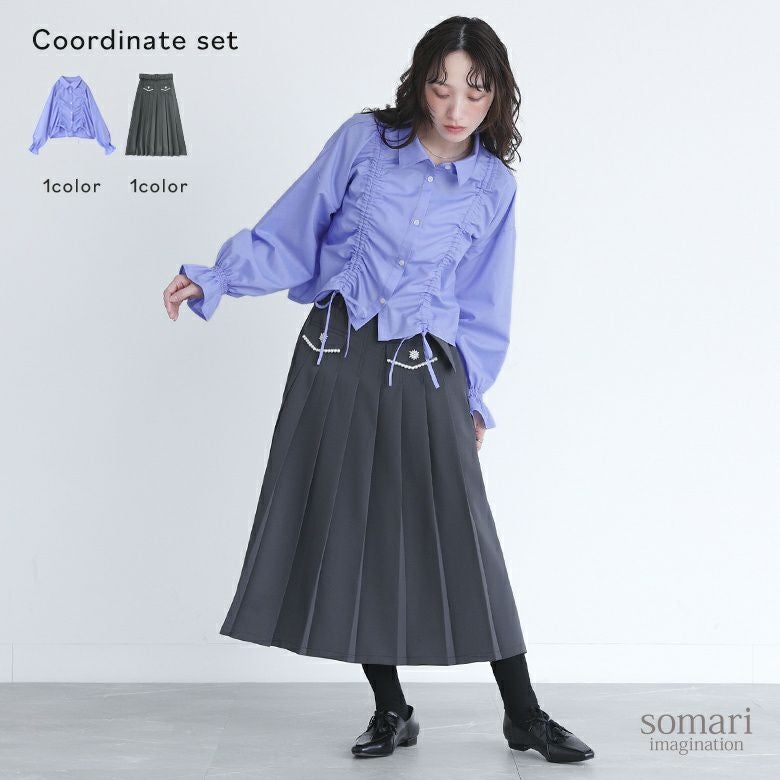 ドロストリボンブラウス×プリーツスカートコーデ2点SET