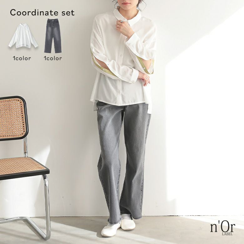 配色オープンスリーブシャツ×お腹すっきりデニムパンツコーデ2点SET