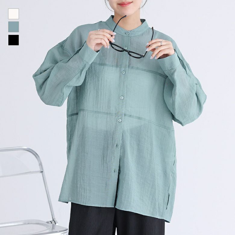 胸切り替えバンドカラーシャツ