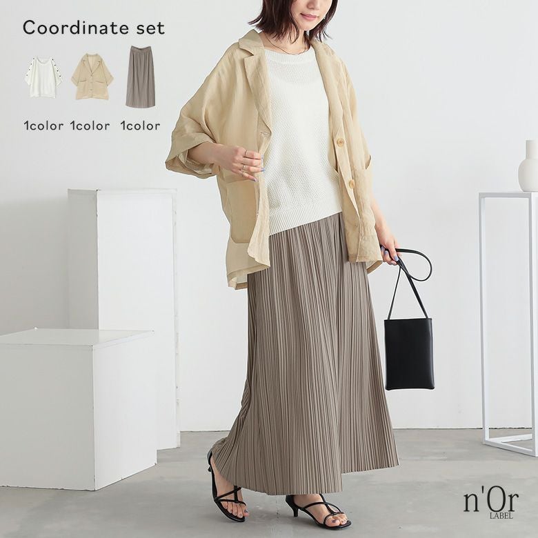 シアージャケット×5分袖デザインニット×撥水プリーツスカートコーデ3点SET