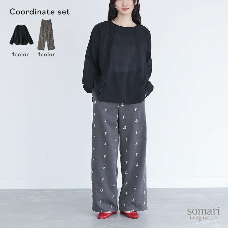 スカラップシアーブラウス×花柄刺繍スラックスコーデ2点SET