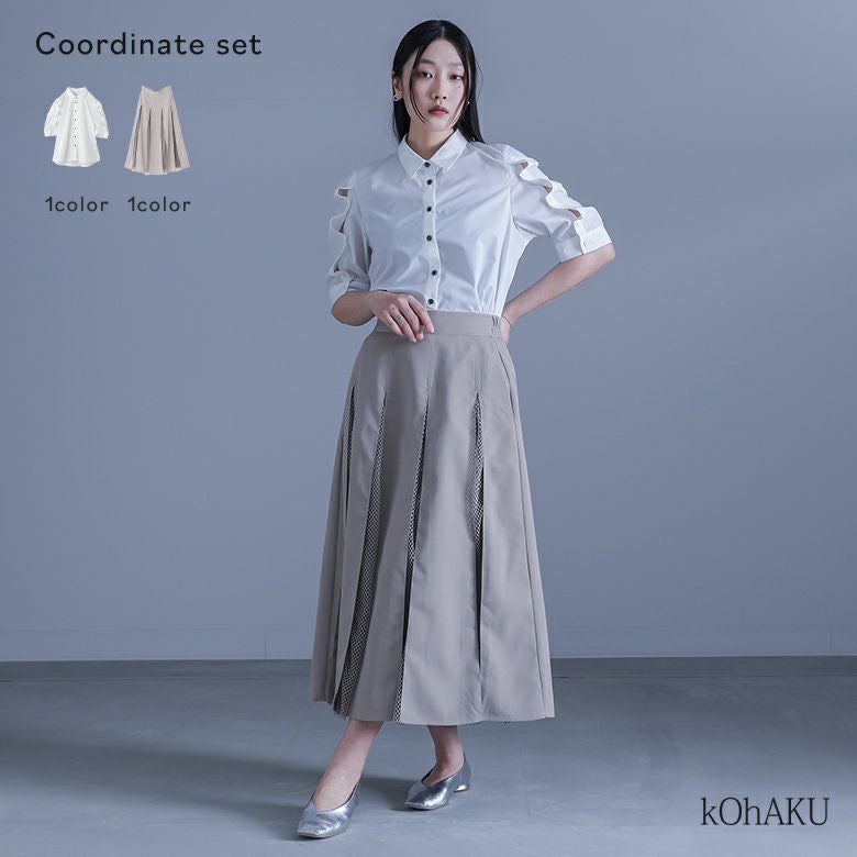 変形スリーブシャツ×メッシュフレアスカートコーデ2点SET