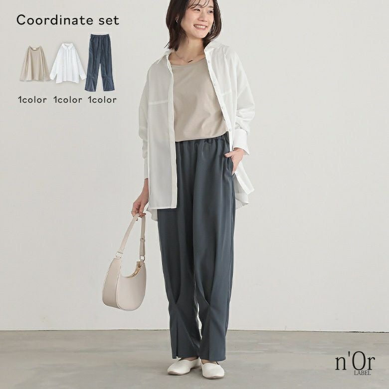 フロントスリットテーパードパンツ×シンプルクルーネックロンT×カシュクールアレンジシャツコーデ3点SET
