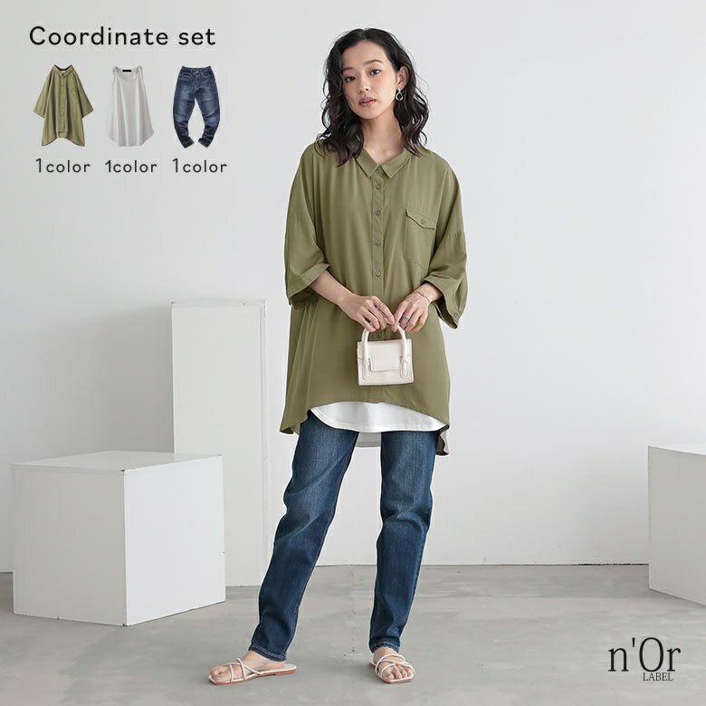 洗練ブラウス×タンクトップ×ボーイフレンドデニムコーデ3点SET