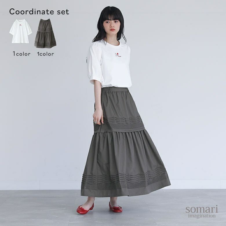 冷感ロゴ刺繍カットソー×ピンタックフレアスカートコーデ2点SET