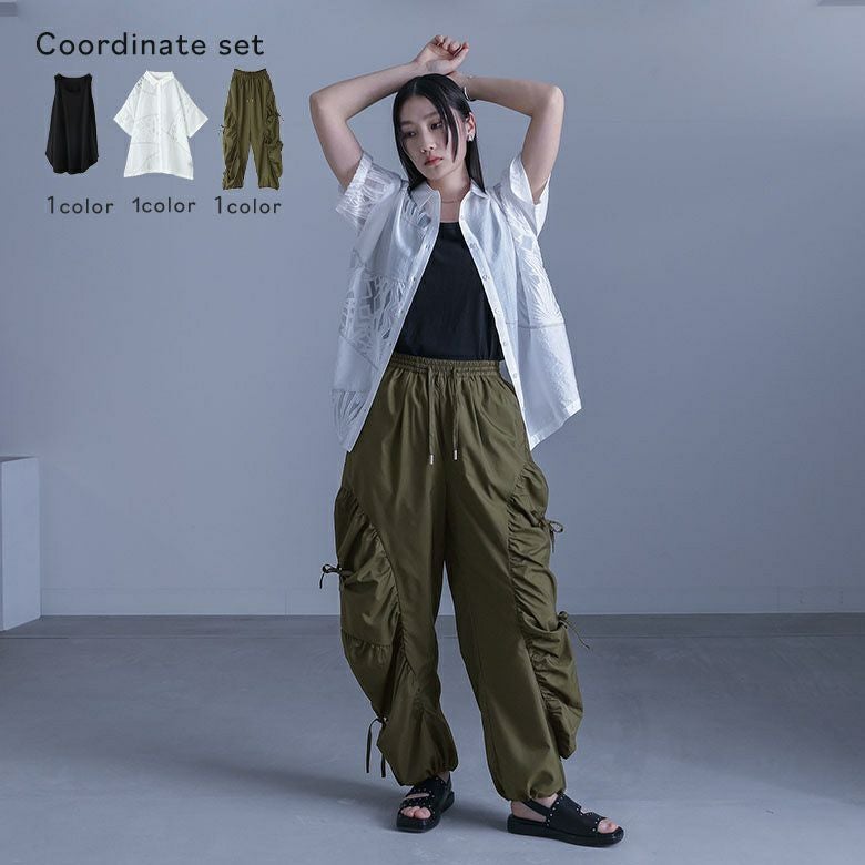 シアー切替シャツ×ギャザー切替裾ドロストパンツ×着回しシンプルシャツ型タンクトップコーデ3点SET