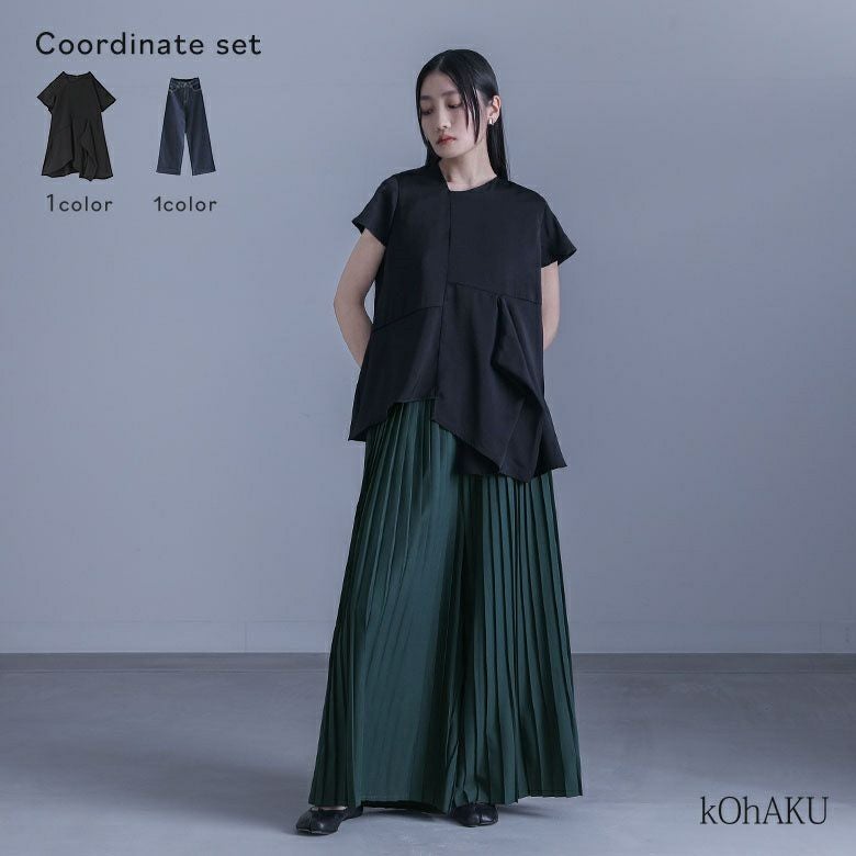 アシメドレープフレンチスリーブブラウス×プリーツワイドパンツコーデ2点SET