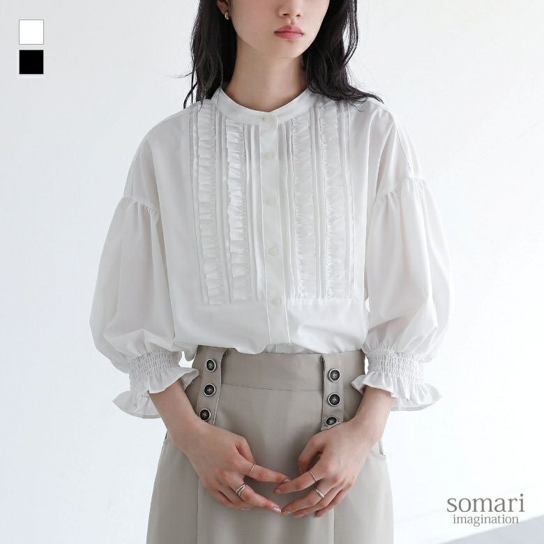 somari imagination(ソマリイマジネーション)7分袖フリルピンタックブラウス