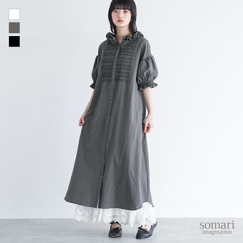 somari imagination(ソマリイマジネーション)フリルフードピンタックシャツワンピース