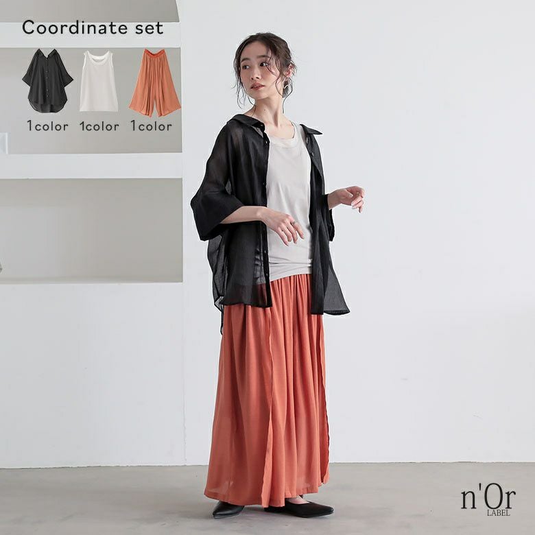 シアーメッシュ切替タンクトップ×バックリボン5分袖シアーシャツ×ゆるひら涼スラブパンツコーデ3点SET