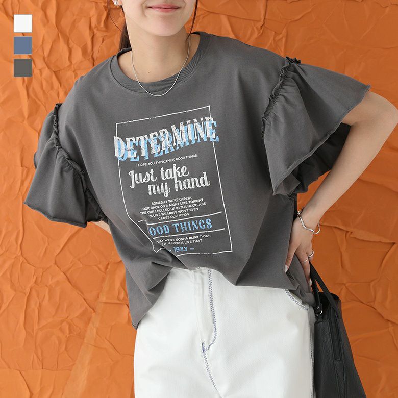 Aライン袖フリルプリントTシャツ
