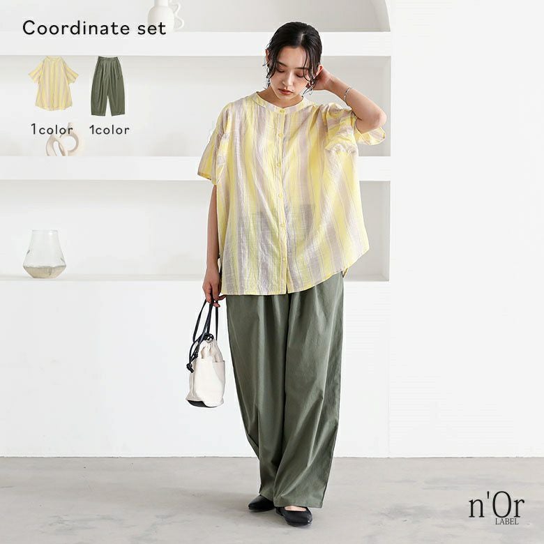 ストライプ袖ギャザーブラウス×綿麻混冷感バレルレッグパンツコーデ2点SET