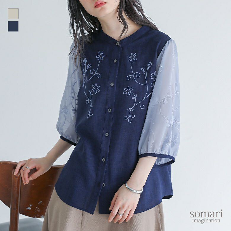 somari imagination(ソマリイマジネーション)シアースリーブ刺繍ブラウス