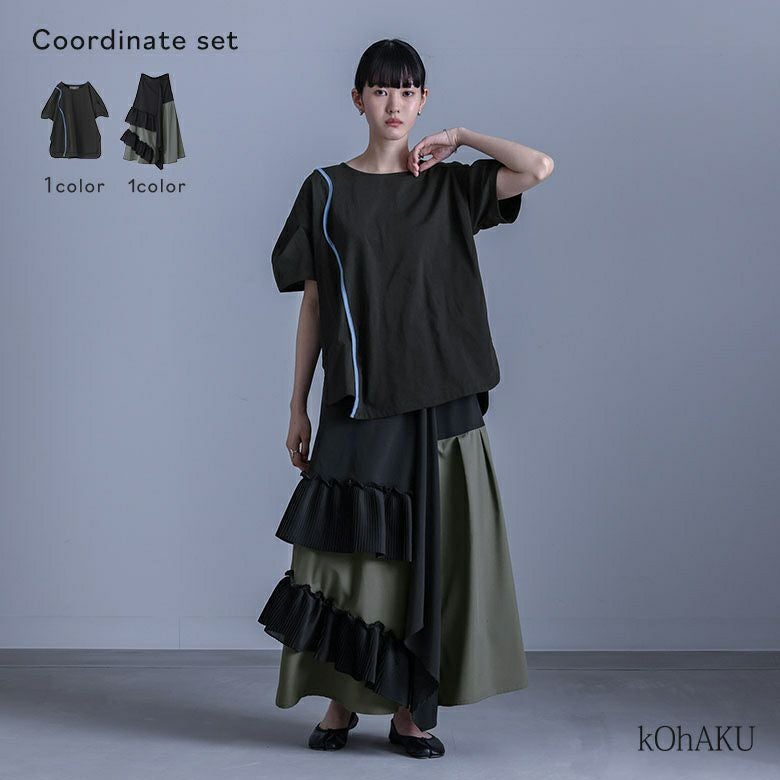 袖変形配色カーブラインカットソー×プリーツデザイン切り替えフレアスカートコーデ2点SET