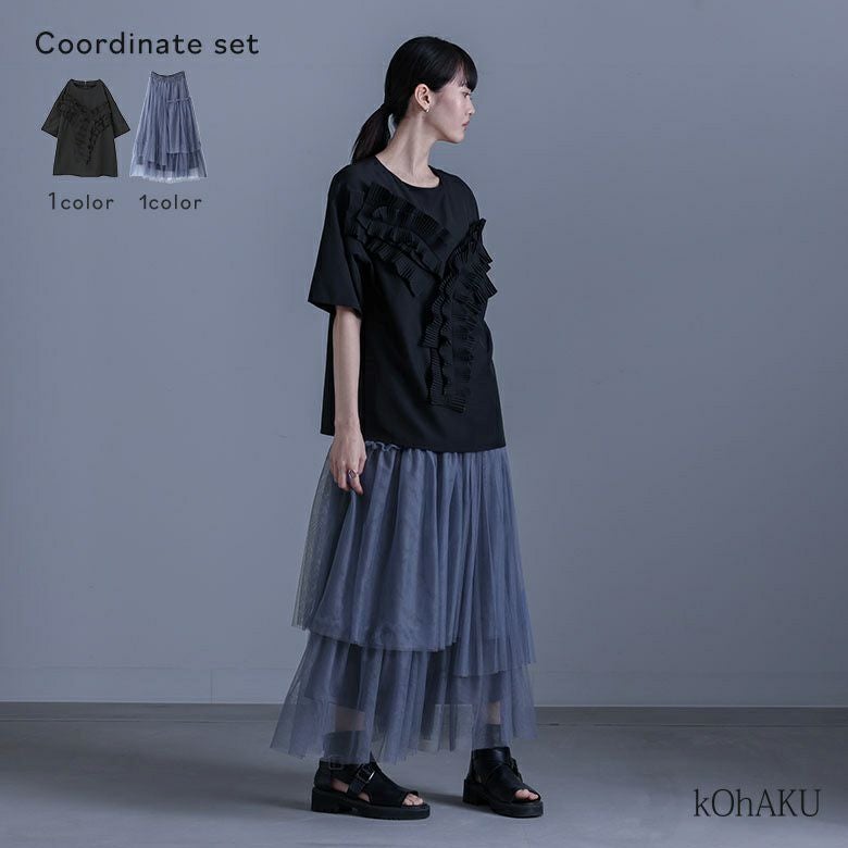 プリーツドッキングブラウス×プリーツデザインチュールスカートコーデ2点SET