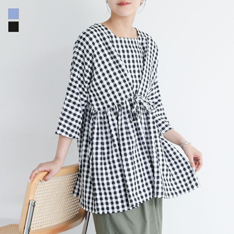 ギンガムチェックスクエアネックプルオーバー