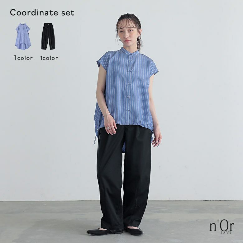 裾ドロストストライプシャツ×サイドライン入り接触冷感カーブパンツコーデ2点SET
