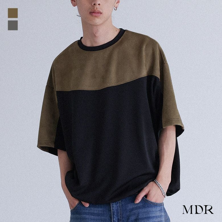 MDR(エムディアール)フェイクスエード肩配色切替デザイントップス