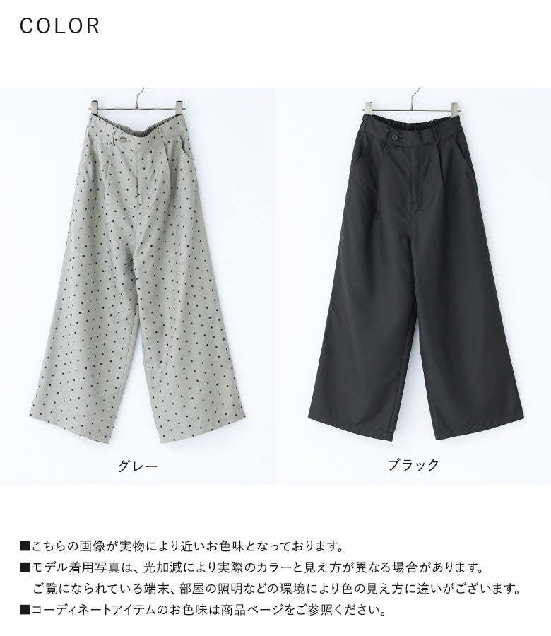 表情豊かな小粒ドット柄のグレーと、万能で使いやすいブラックの選べる2色展開。タックの入った綺麗なワイドラインが、毎日のスタイリングを幅広く格上げしてくれます。
