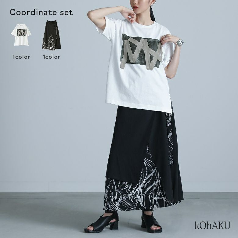 ランダムテーププリントカットソー×異素材ラップフレアスカートコーデ2点SET