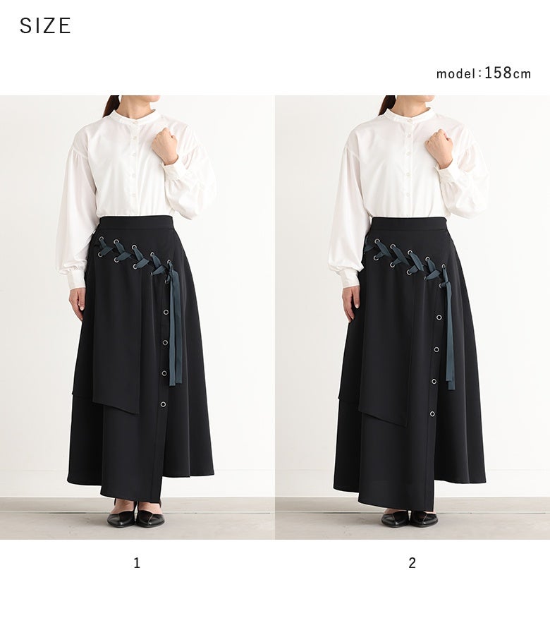 好みや体型に合わせて選べる1と2の2サイズ展開。ウエスト後ろゴム仕様と綺麗なフレアフォルムが、体型をカバーしながら快適な履き心地とスッキリ美しい立ち姿を両立させます。