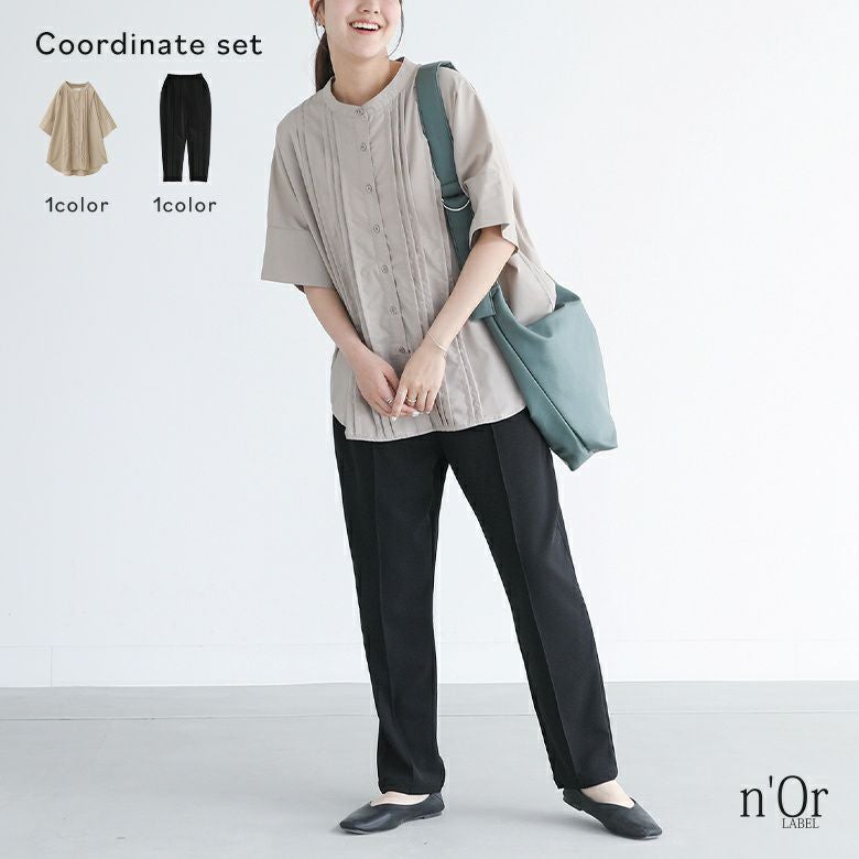 ピンタックバンドカラーブラウス×接触冷感ピンタックテーパードパンツコーデ2点SET