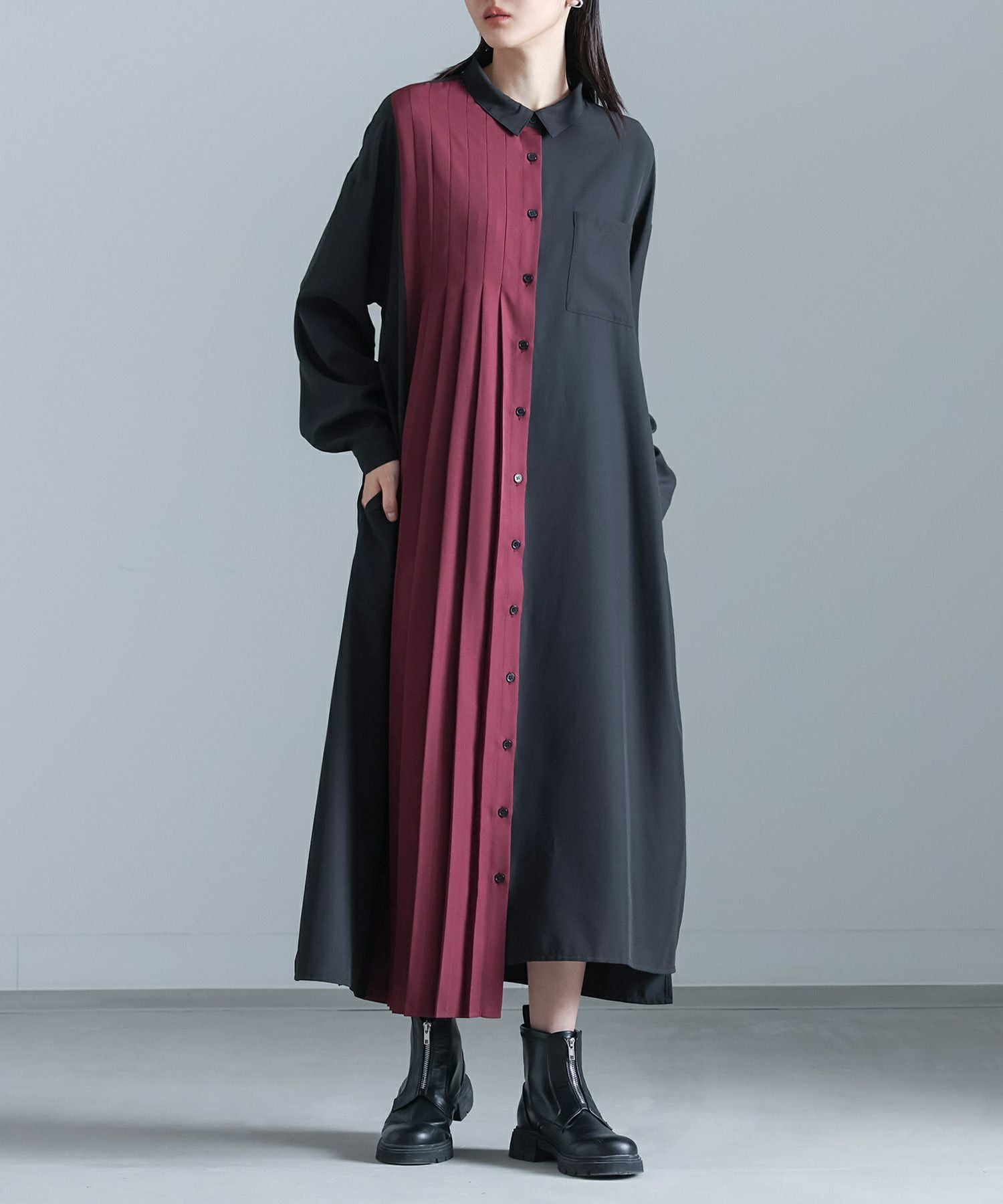 kOhAKU配色プリーツシャツワンピース』