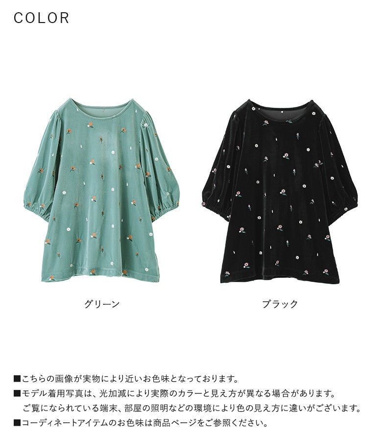 華やかで爽やかなグリーンと、シックで上品なブラックの選べる2色展開。ベロアの光沢とシアーな透明感、繊細な刺繍使いが手持ちのボトムスと合わせるだけで着こなしを格上げします。
