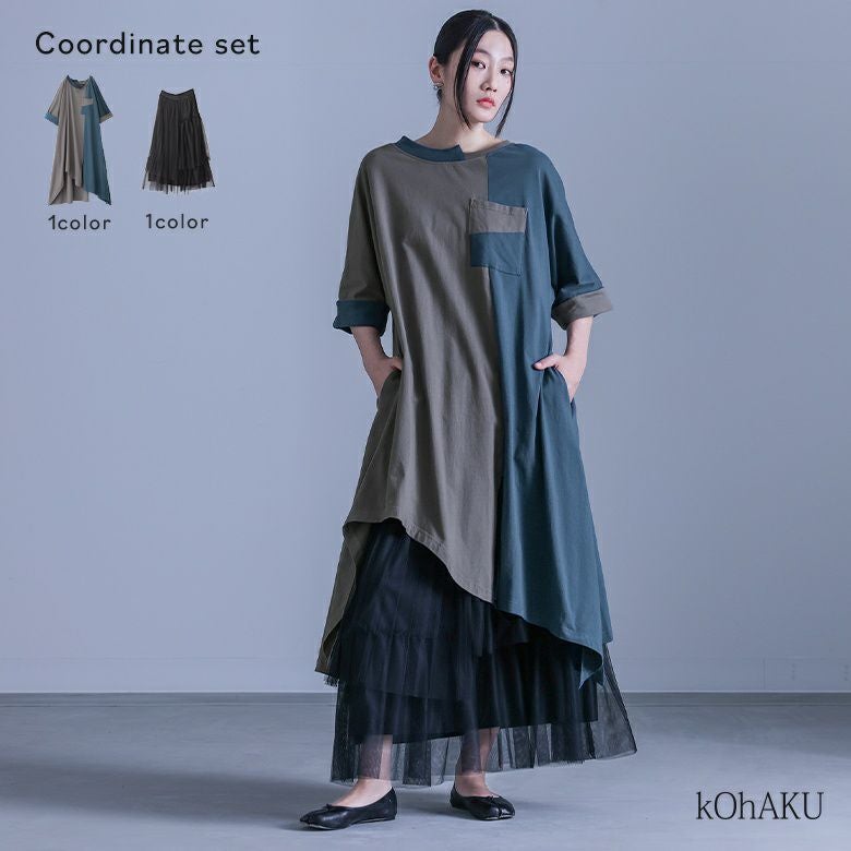 バイカラーアシメ切替ワンピース×プリーツデザインチュールスカートコーデ2点SET